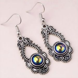 New Boho Antique Silver Dark Iridescent Stone Drop Dangle Earrings